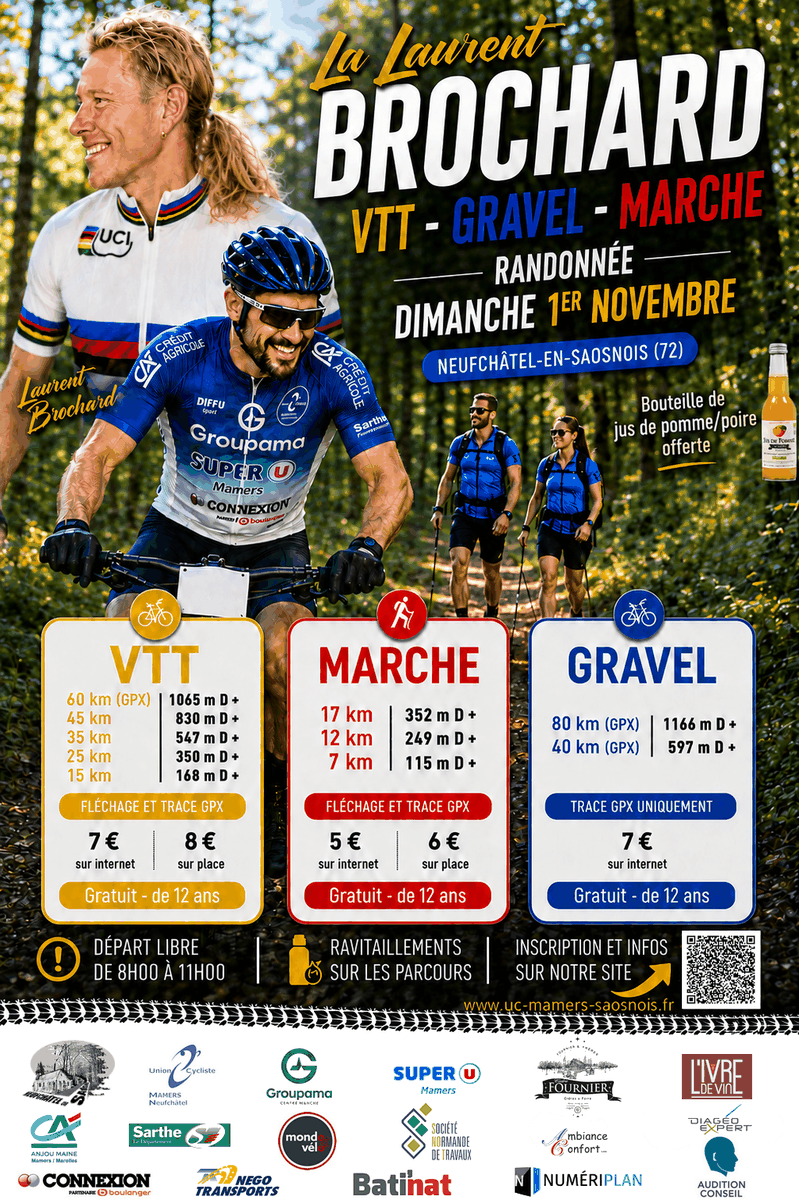 Affiche de la randonnée La Laurent Brochard 2026 : VTT, gravel et marche, dimanche 1er novembre à Neufchâtel-en-Saosnois